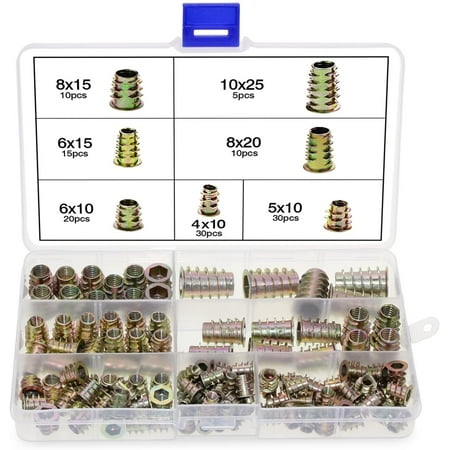 

120 Pack Zinc Alloy Hex Nuts M4 M5 M6 M8 M10 with Thread Inserts for Wood Furniture with Plastic Box