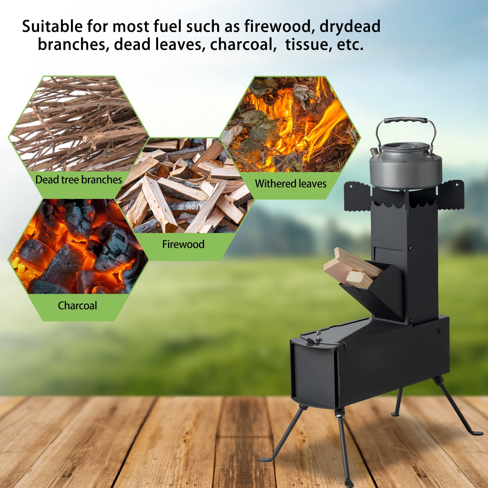 Camping Rocket Stove - Portable Wood Burning Stove, 45° Fuel Chamber, for Outdoor Cooking/Hunting/Fishing