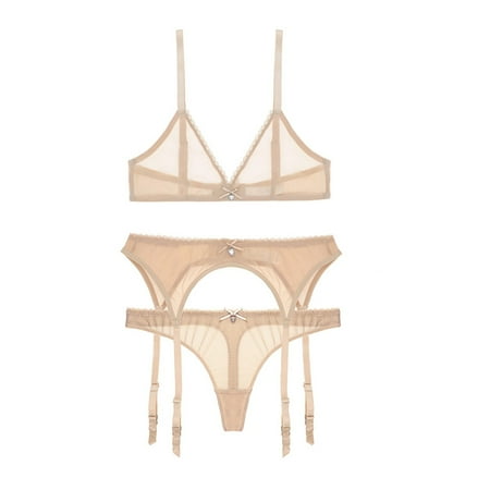 

Varsbaby Unlined See Through Sheer Wireless Bra and Thongs Garter Belt Set 3 Pcs