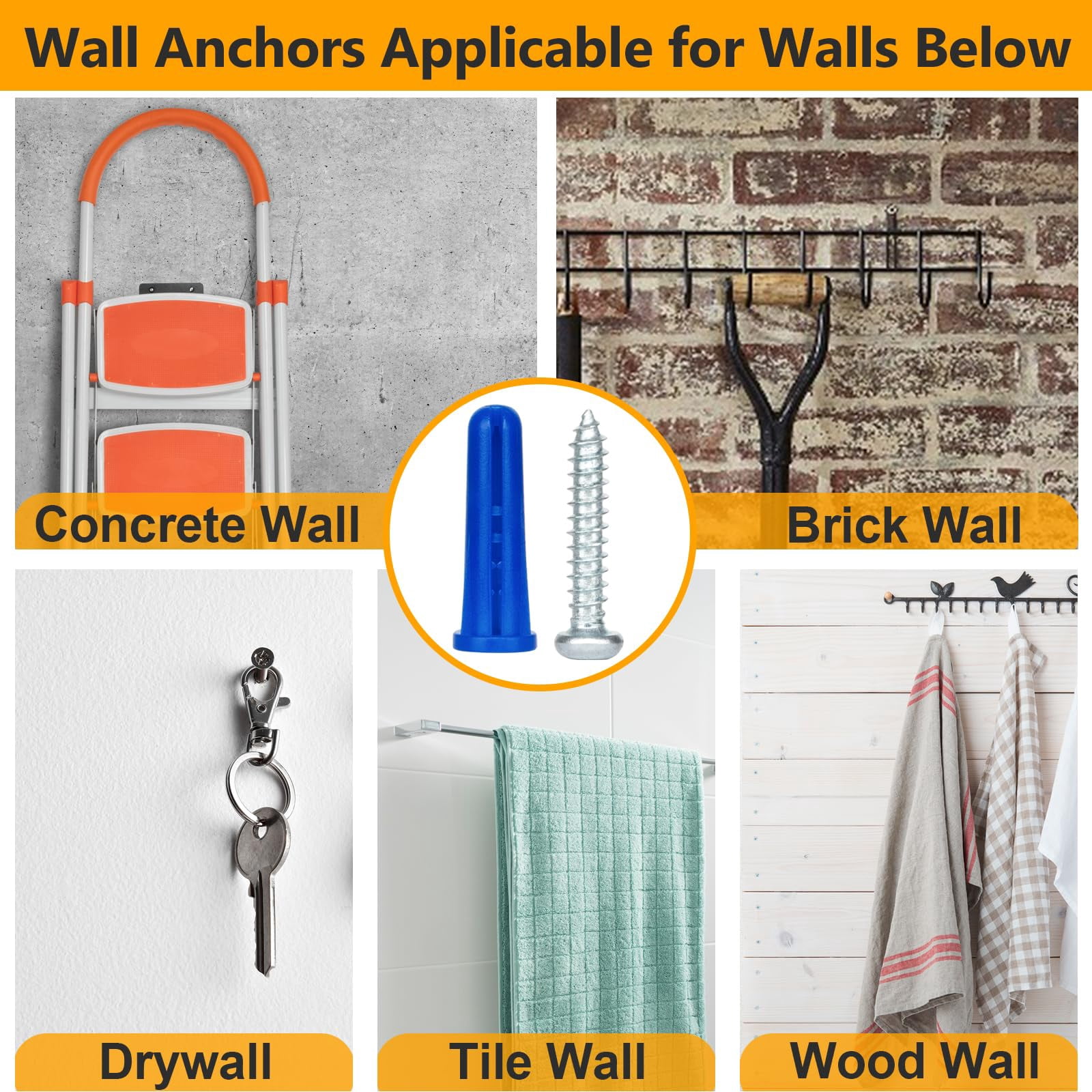 Drywall Anchors Assortment Kit for Sheetrock Concrete Brick, 350Pcs Wall Anchors and Flat Head Screws, 5 Sizes Picture Hanging Set for Bedroom/Office Wall Art Decor, House Warming Gifts New Home