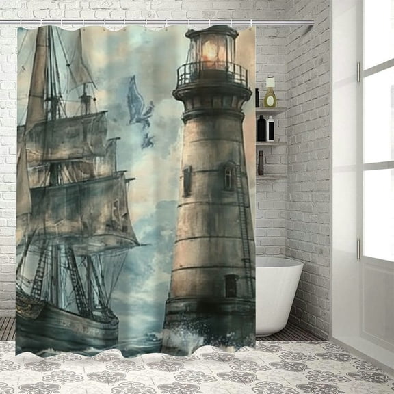 Patifu Lighthouse Ship Ocean Bathroom Décor Set with Hooks, Graphic Print Polyester Stylish Shower Curtain, Home Bathtubs Decoration, Pack of 1 36"x72