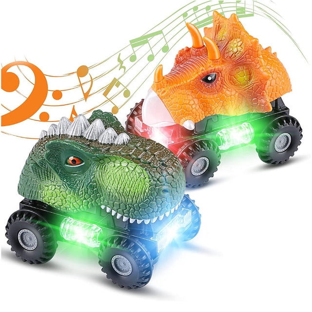 Vehículos de dinosaurios para niños, juguete eléctrico de dinosaurio con luz LED y sonido ajustable, Tyrannosaurus Rex Triceratops, juguete de dinosaurio giratorio automático (2 piezas)