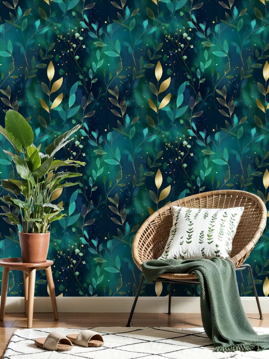 Peel and Stick Wallpaper 23.6in x 9.8ft Seamless Botanical Golden Teal Leaves Dark Green Contact Paper Vinyl Self-Adhesive Removable Wall Paper for Bedroom DIY Home Decor Renter Friendly