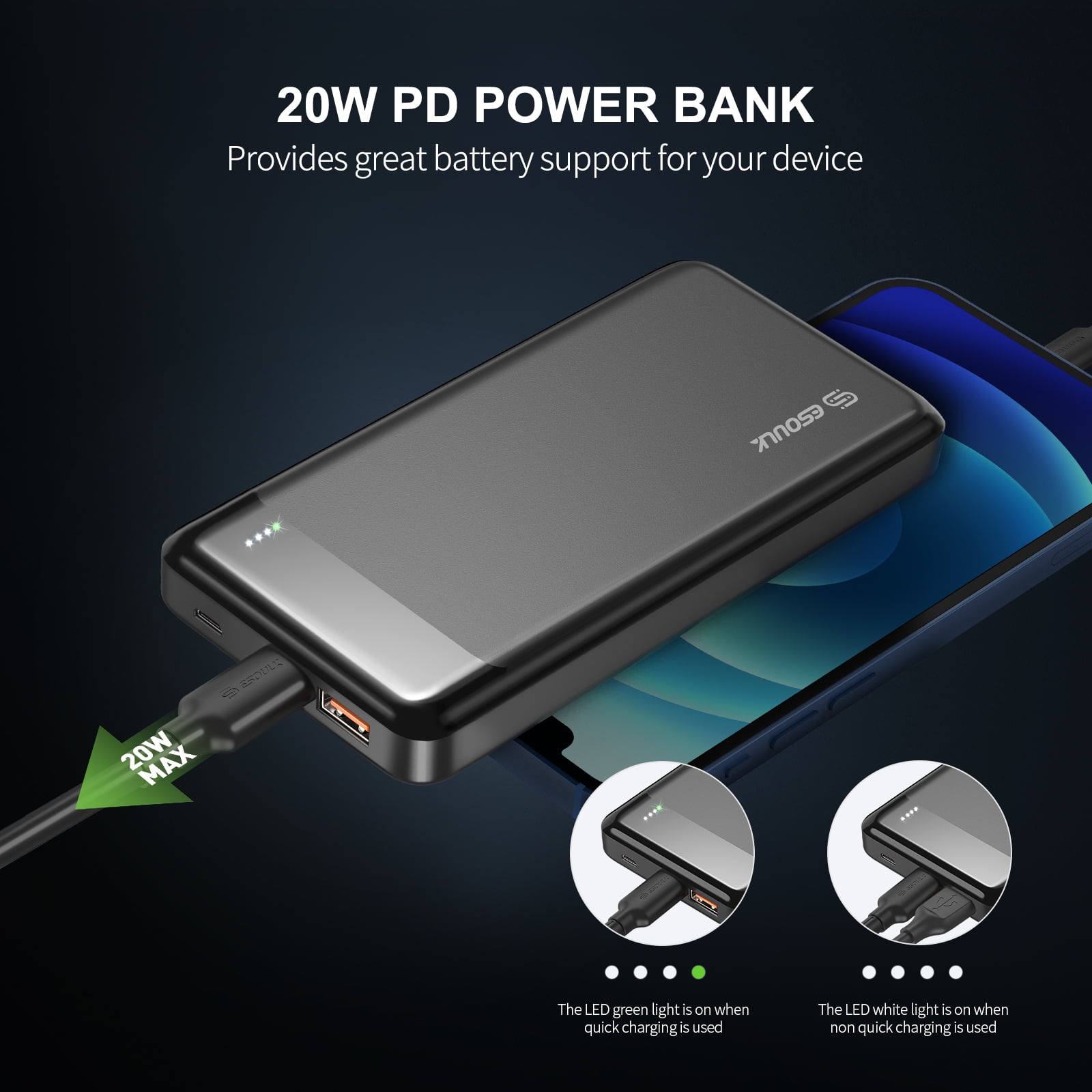Esoulk 10000mAh USB-C PD20W / QC18W POWER BANK