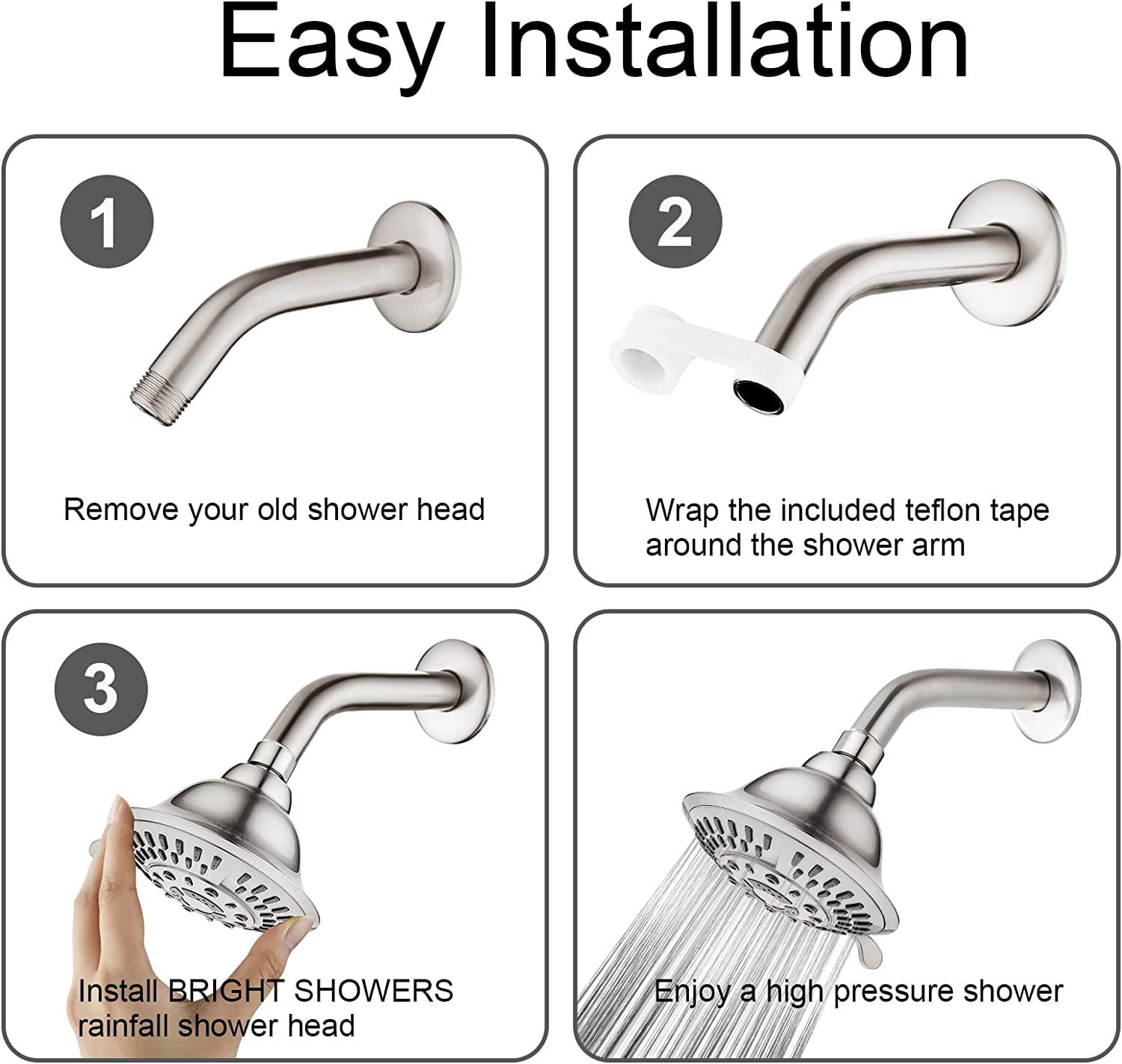 Bright Showers Bathroom High Pressure 5 Spray Setting Fixed Rain Shower Head - Brushed Nickel