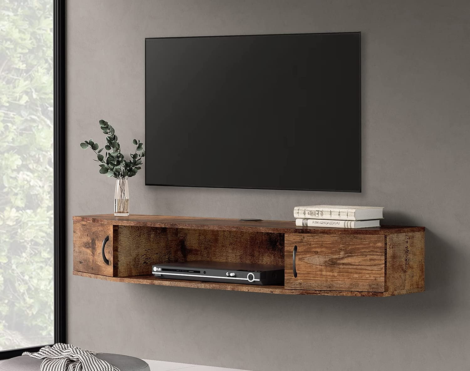 FITUEYES Floating TV Stand with Yellow LED Light, Wall Mounted TV Shlef, Entertainment Center Console Stand with Storage Cabinets for Living Room Bedroom