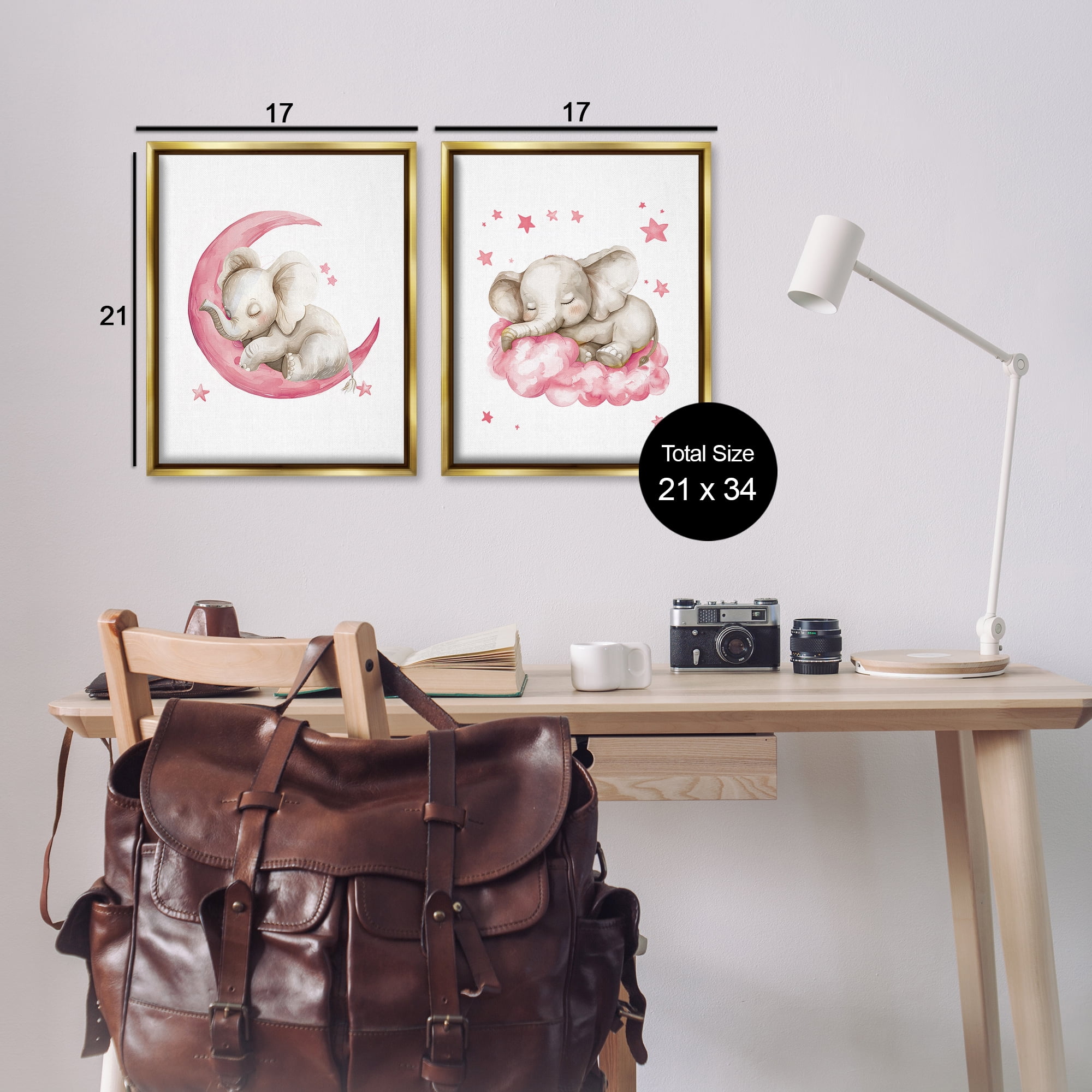 Stupell Industries Pink Sleepy Elephant Animals Painting Gold Floater Framed Canvas Art Print Wall Art, 17 x 21, Set of 2
