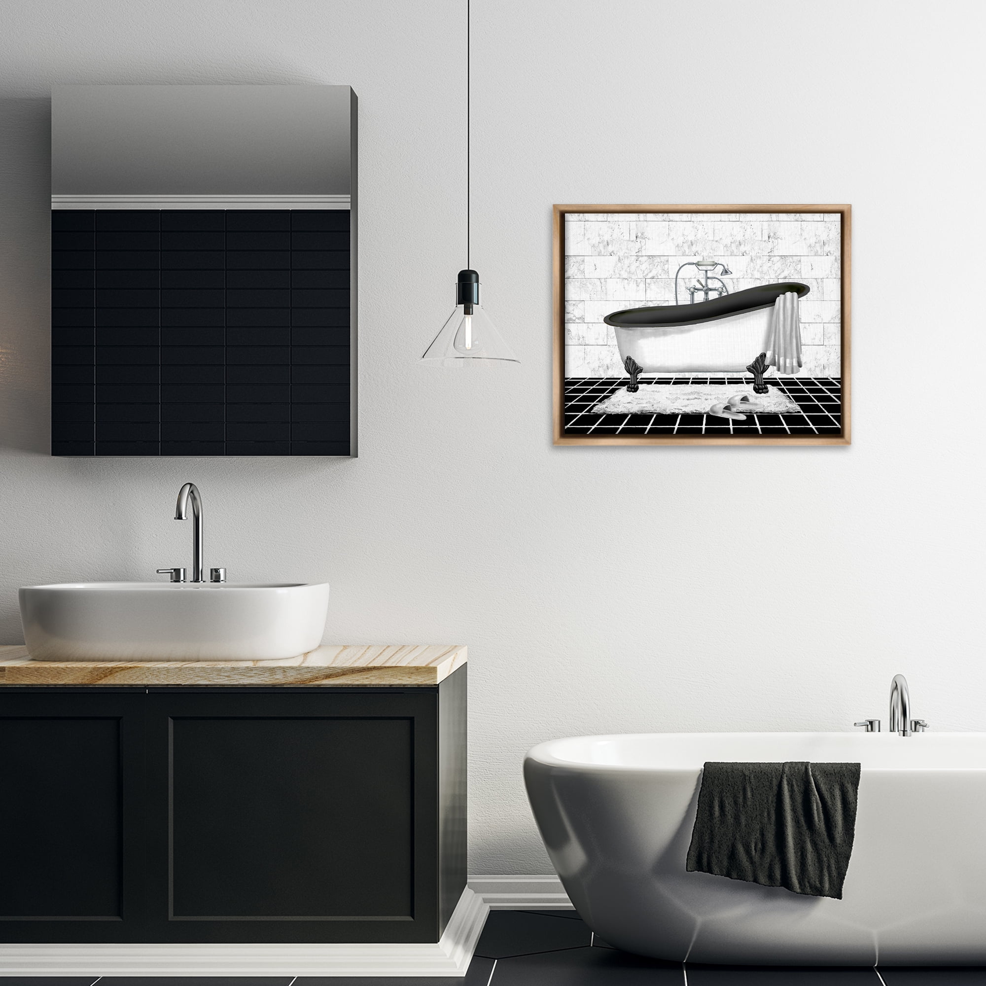 Stupell Industries Marble Pattern Bath Typography Painting Brown Floater Framed Canvas Art Print Wall Art, 31 x 25