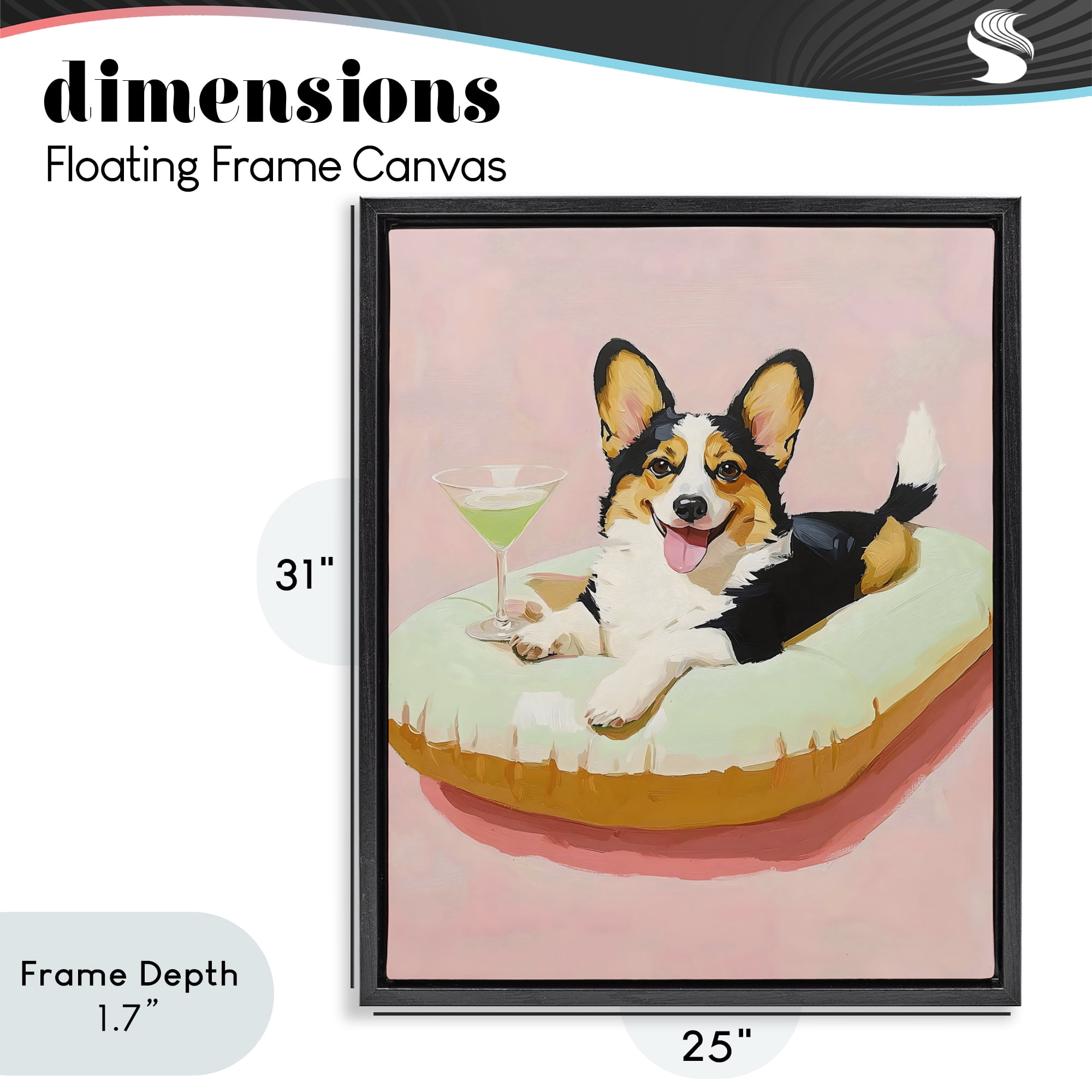 Stupell Industries Pastel Corgi with Cocktail Black Framed Floater Canvas Wall Art, design by The Prints Vibe