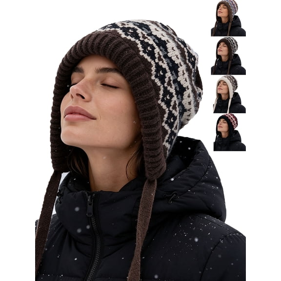 Winter Hat for Women Thick Knit Cozy Winter Ski Hat with Ear Covers,Vintage Pattern