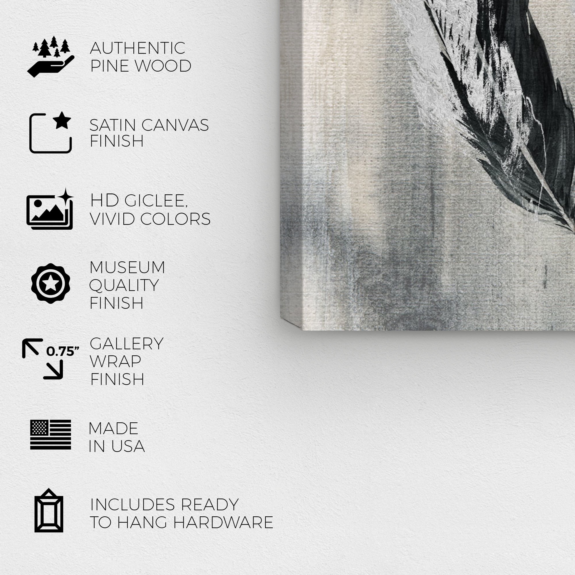 Wynwood Studio Fashion and Glam Modern Canvas Art - Minimalist Gray And Black Feathers, Wall Art for Living Room, Bedroom, and Bathroom, 20 in x 20, Black and Gray Home Decor