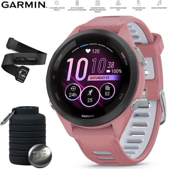Garmin Forerunner 265S Running GPS Smartwatch, AMOLED Display, 42mm, Light Pink/Whitestone, 010-02810-05 - Bundle w/Deco Essentials Heart Rate Monitor M-XL Strap and Water Bottle