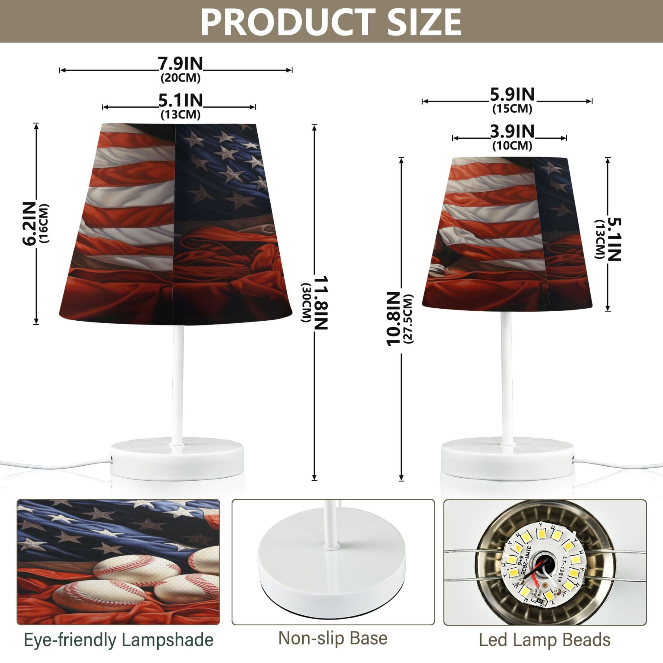 American Flag and Baseball Desk Lamp LED Table Nightstand Lamps with 3 Color Temperatures for Home Bedroom Living Room Decor 8x12