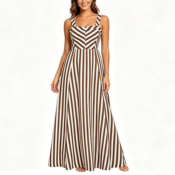 RoamHome Women's Plus Size Striped Maxi Dress Sleeveless Square Neck A Line Flowy Long Dress Summer Outfit