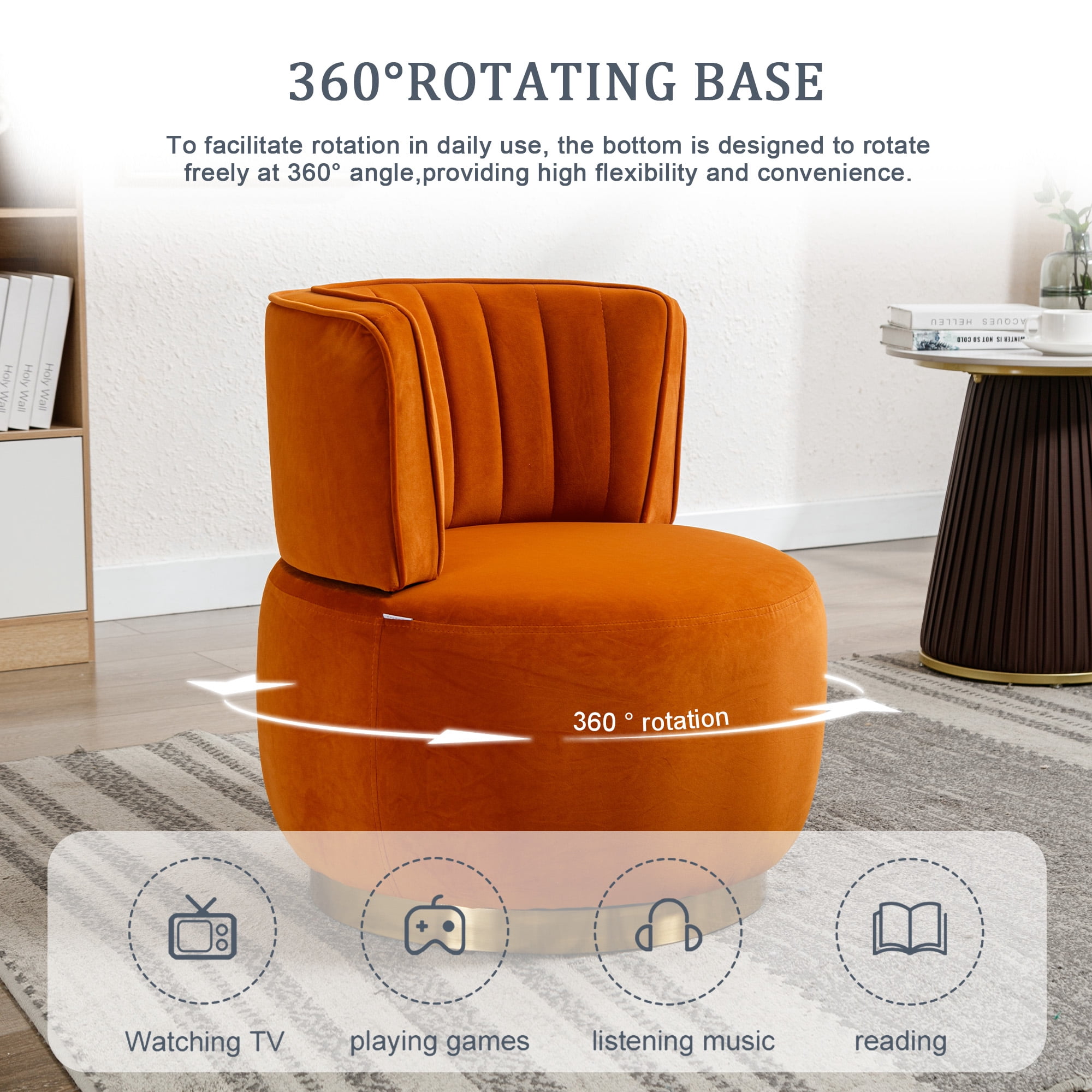 MOONMISS Velvet Upholstered 360 Degree Swivel Armless Round Barrel Chairs for Living Room-Orange