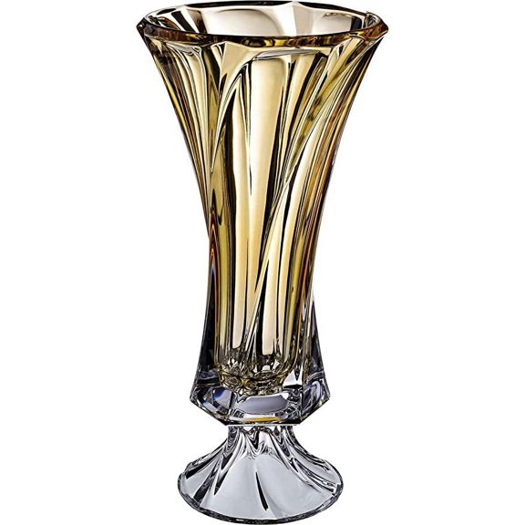 Bohemia Crystal AU51876 16" Height Lead Crystal Footed Flower Vase 'Mozart', Amber Color. Decorative Hand-Crafted High Flower Jar