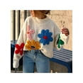 thumbnail image 3 of Women'S Long Puff Sleeve Sweaters Casual Crewneck Ribbed Knit Flower Color Block Loose Pullover Tops White S, 3 of 5