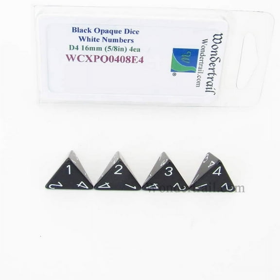 Black Opaque Dice with White Numbers D4 Aprox 16mm (5/8in) Pack of 4 Wondertrail
