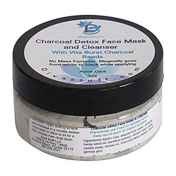 Charcoal Detox Clay Facial Mask and Cleanser With Vita Burst Charcoal Beads,Reduces Pores,Purges Blackheads and Treats Acne, 2oz by Diva Stuff