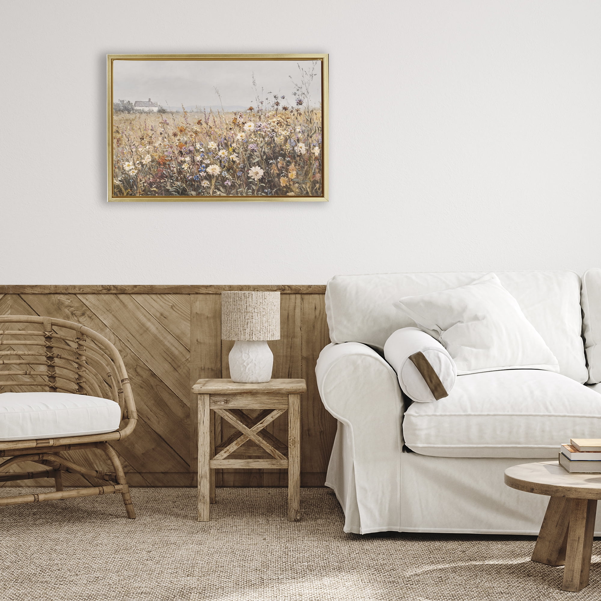 Stupell Industries Quaint Cottage Meadow Gold Framed Floater Canvas Wall Art, design by Jacky Ngan