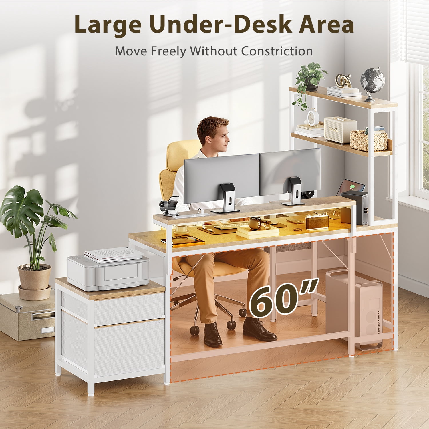 FYRENA 71" L Shaped Desk with 2 Drawers & shelves,Corner Desk with LED Lights & Power Outlets,Gaming Desk,Home Office Desk,Natural Wood