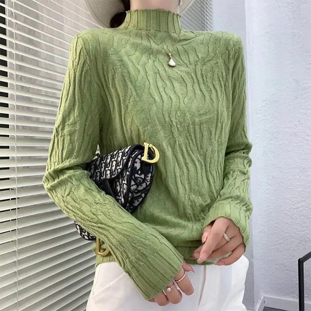 Femmes Automne et Hiver Mode Coréenne Col Montant Demi-Haut Tricot de Base Manches Longues Ajusté Chandail Tricoté Uni Chandail Hauts Ropa