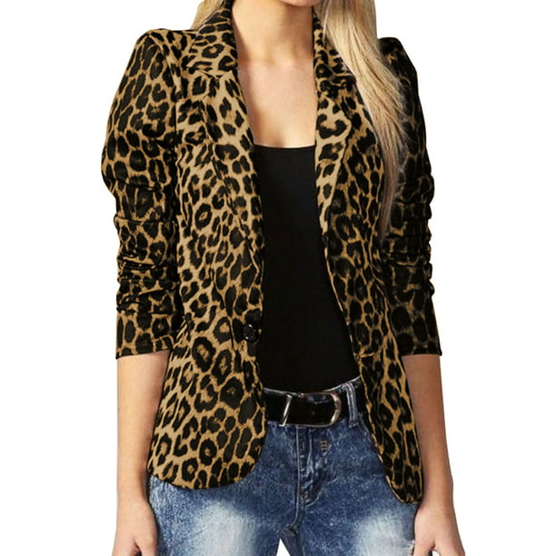 ZANZEA Women Formal Turn Down Collar Long Leopard Print Blazer - Walmart.com