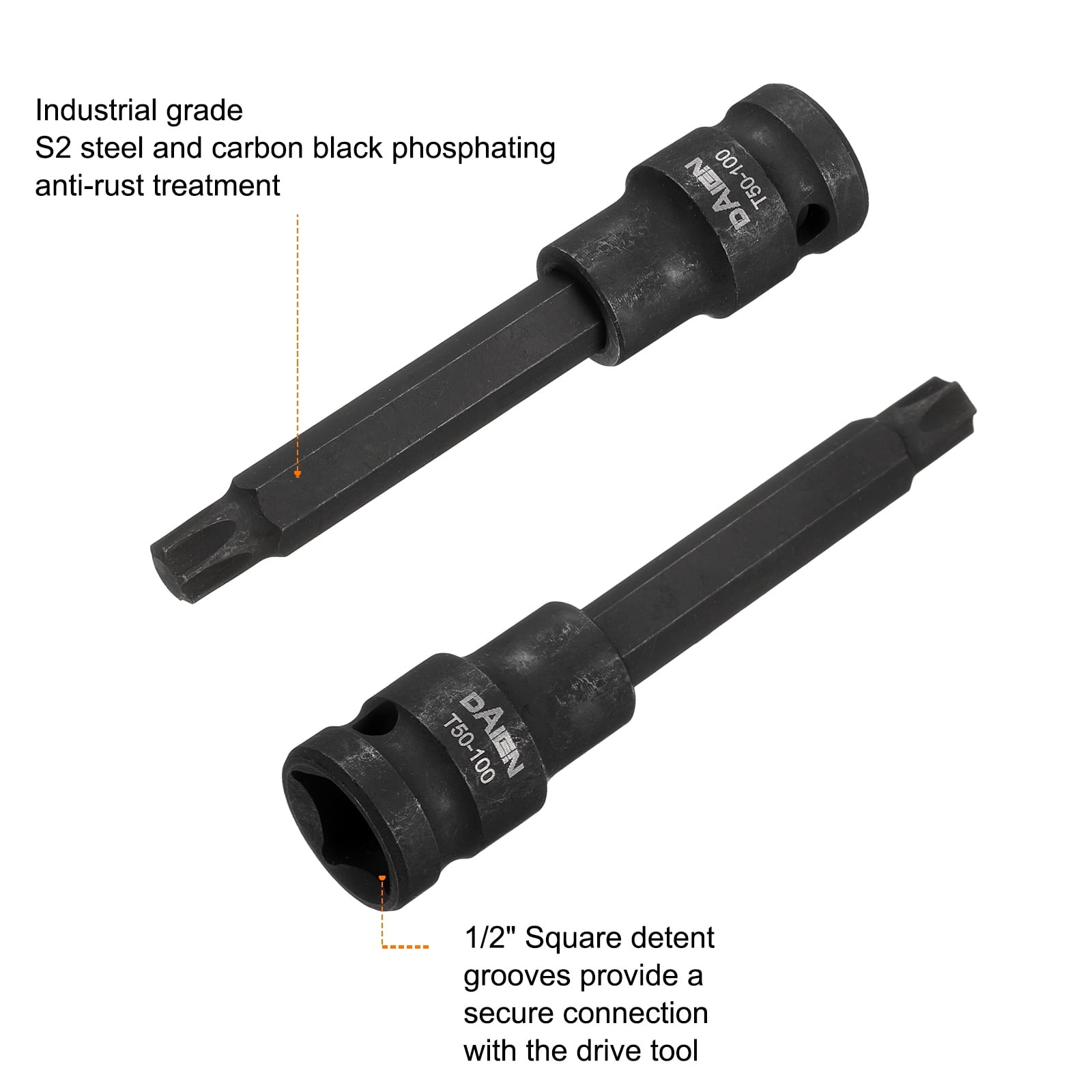 Uxcell 5pcs T50 Torx Bit Socket 100mm/3.94" Length 1/2" Square Drive Star 6 Point Extension Impact Bit Power Nut Driver Set S2 Steel Socket Ratchet Wrench Bits, Black