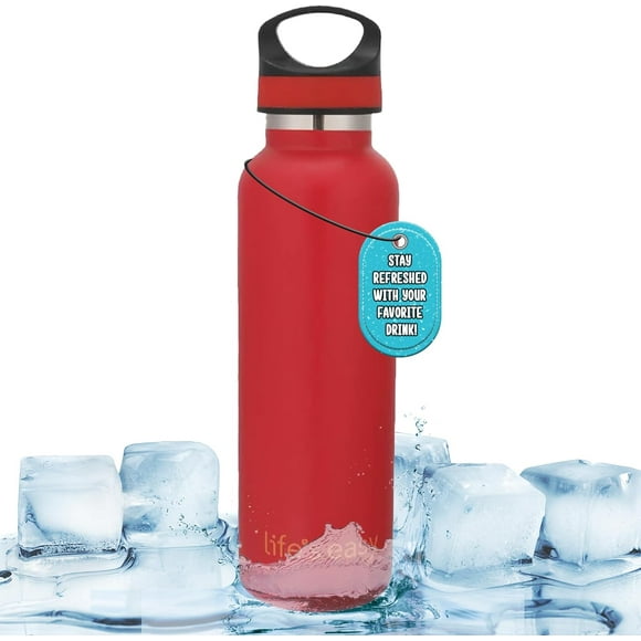UTAH-LIFE'S EASY Insulated Sports Water Bottle with Lid. Stainless Steel Vacuum Double Wall Thermo Flask for Hot and Cold Drinks, Simple Metal Hydro Canteen Travel Bottle for Men & Women - 20 oz (Red