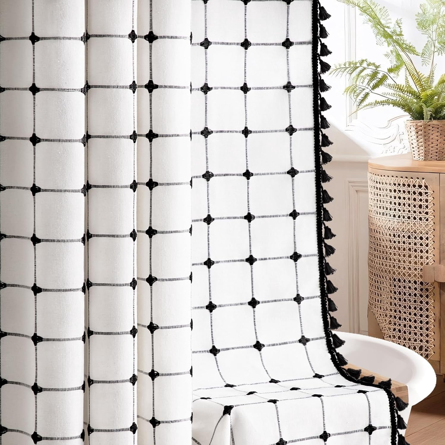 Black and White Farmhouse Shower Curtain Cotton Texture with Embroidered Plaid Pattern and Tassels for Bathroom,72" W×72" L