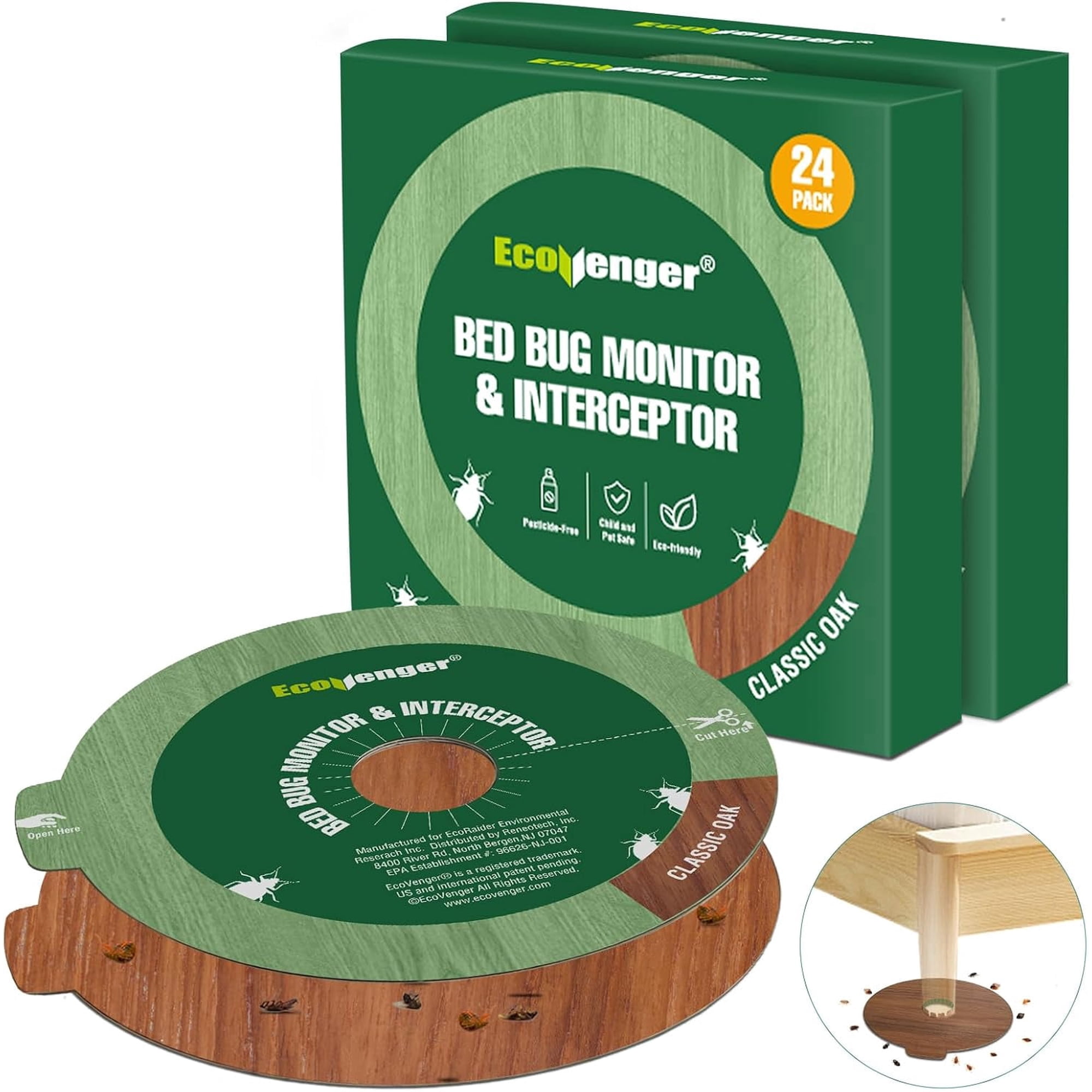 EcoVenger Bed Bug Monitor & Interceptor Super Glue Traps 48 Ct, Discreet Floor Color Classic Oak, Blocks Bed Bugs' Access to Beds/Futon/Couch, New Upgraded Version Easier to Peel & Use