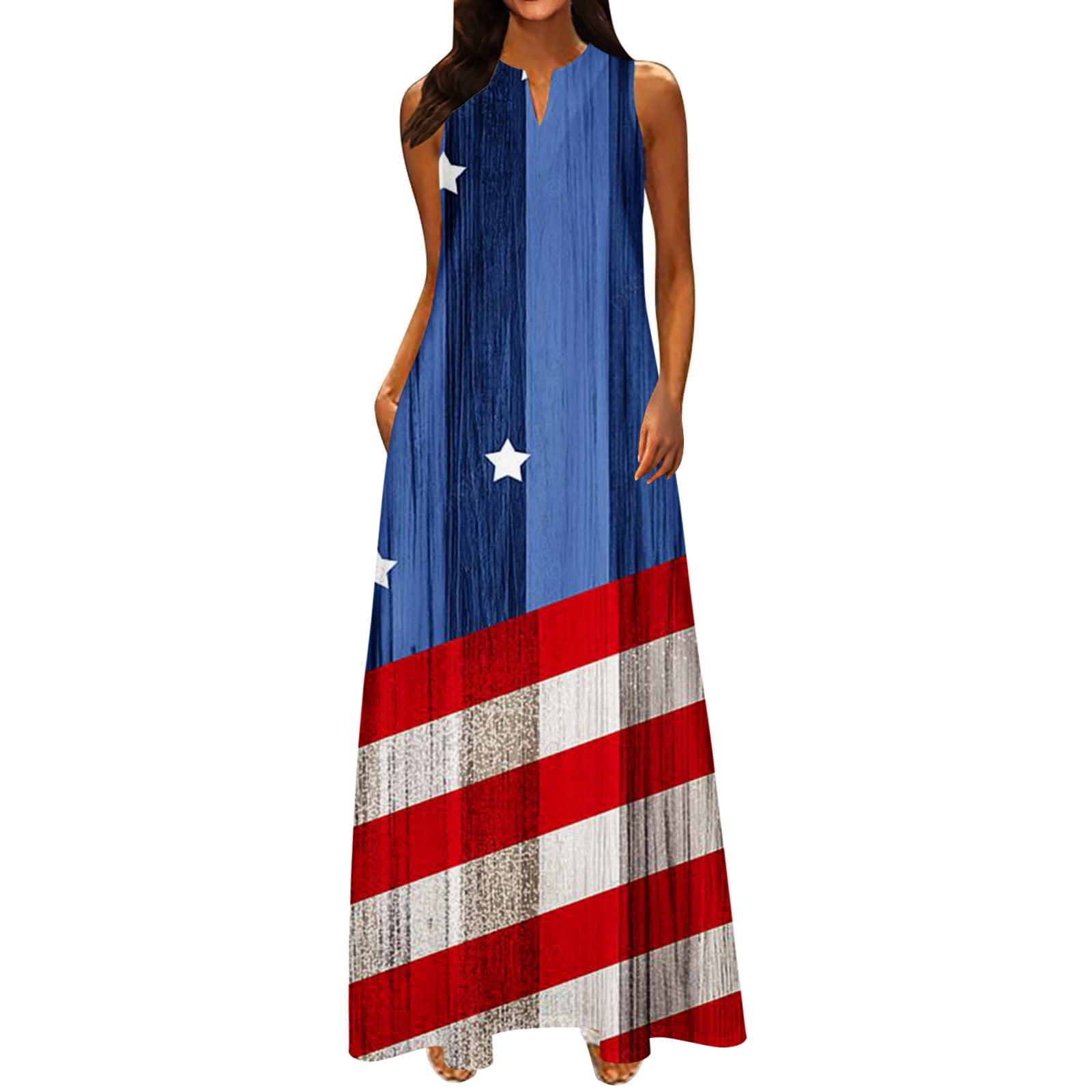 Dianli 4th of July Costume Dresses for Women VNeck Sleeveless Maxi