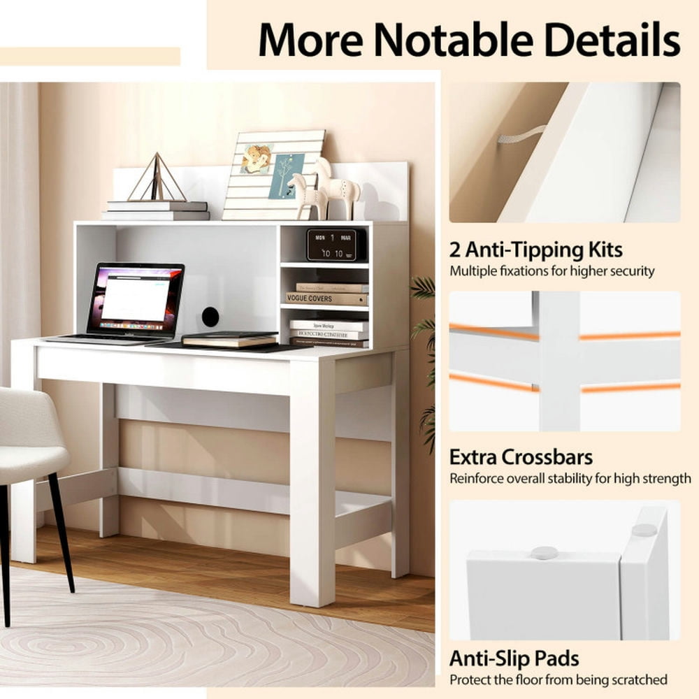 Demi Bonn 48" Writing Computer Desk with Anti-Tipping Kits and Cable Management Hole, Small Home Office Desk Study Writing Table, White