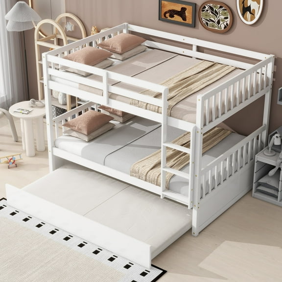 Bellemave Full Over Full Solid Rubber Wood Bunk Bed with Trundle and Ladder Convertible into 2 Full Size Beds with Headboard and Footboard 2 Full Bunk Bed with Twin Trundle, White