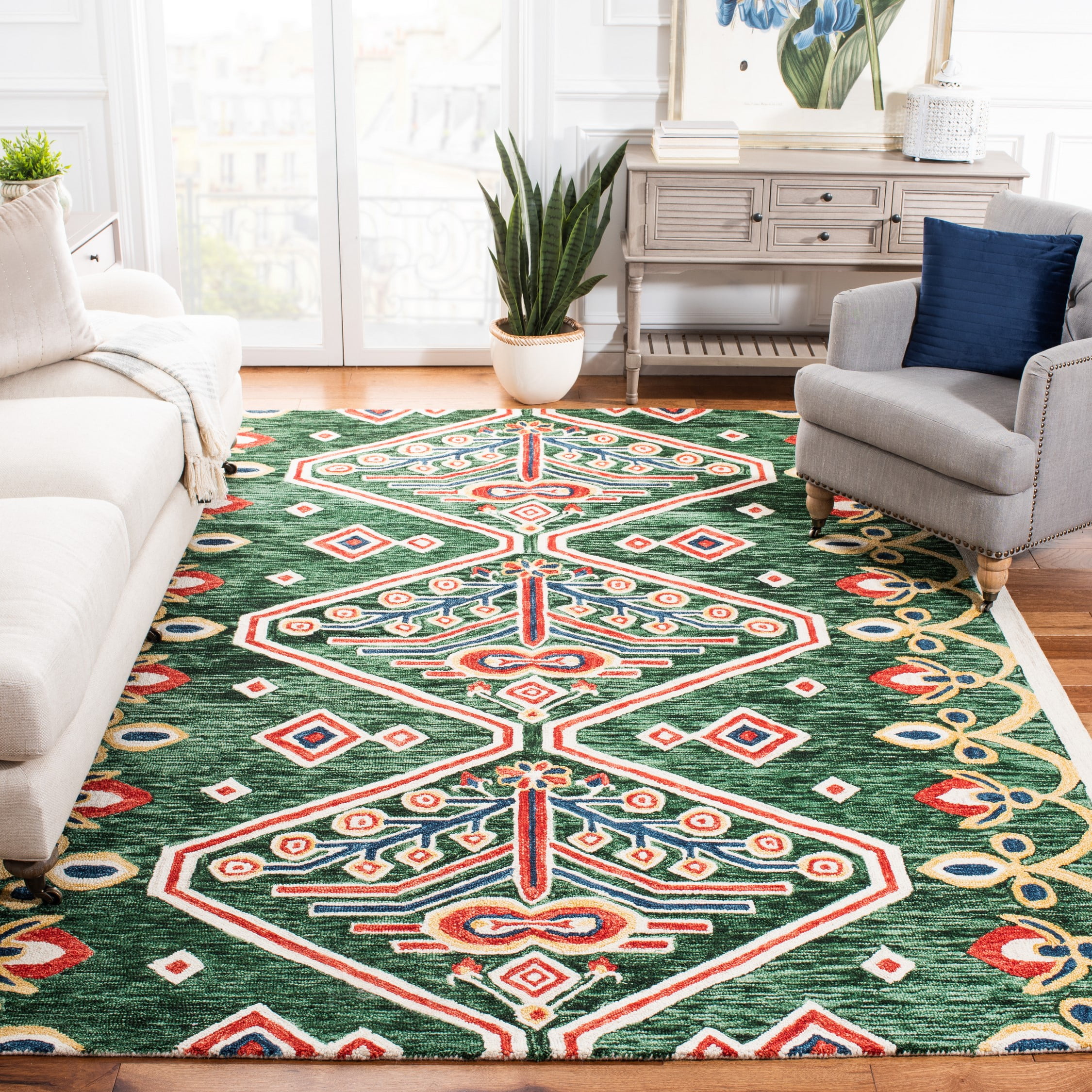 SAFAVIEH Aspen Eirann Southwestern Wool Area Rug, Green/Ivory, 7' x 7' Square