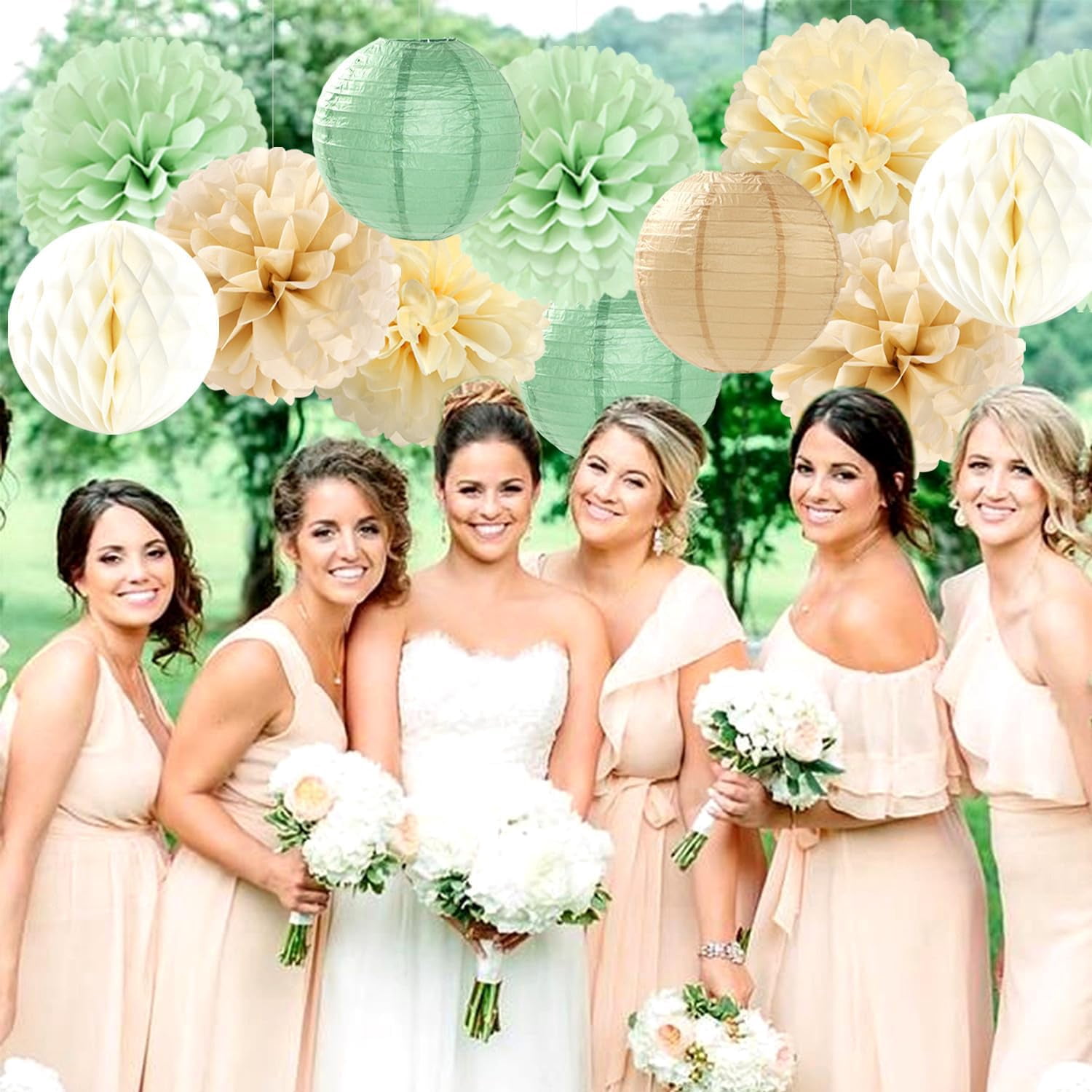 Sage Green Boho Party Decorations Paper Flowers Lanterns 15PCS Safari Rustic Neutral Baby Shower Tissue Pom Poms Streamers Champagne Gold Birthday Wedding Graduation Hanging Decor Supplies