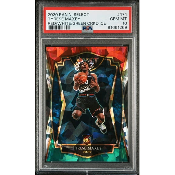 Graded 2020 Panini Select Tyrese Maxey #174 Red/White/Green Cracked Ice Rookie RC Basketball Card PSA 10 Gem Mint