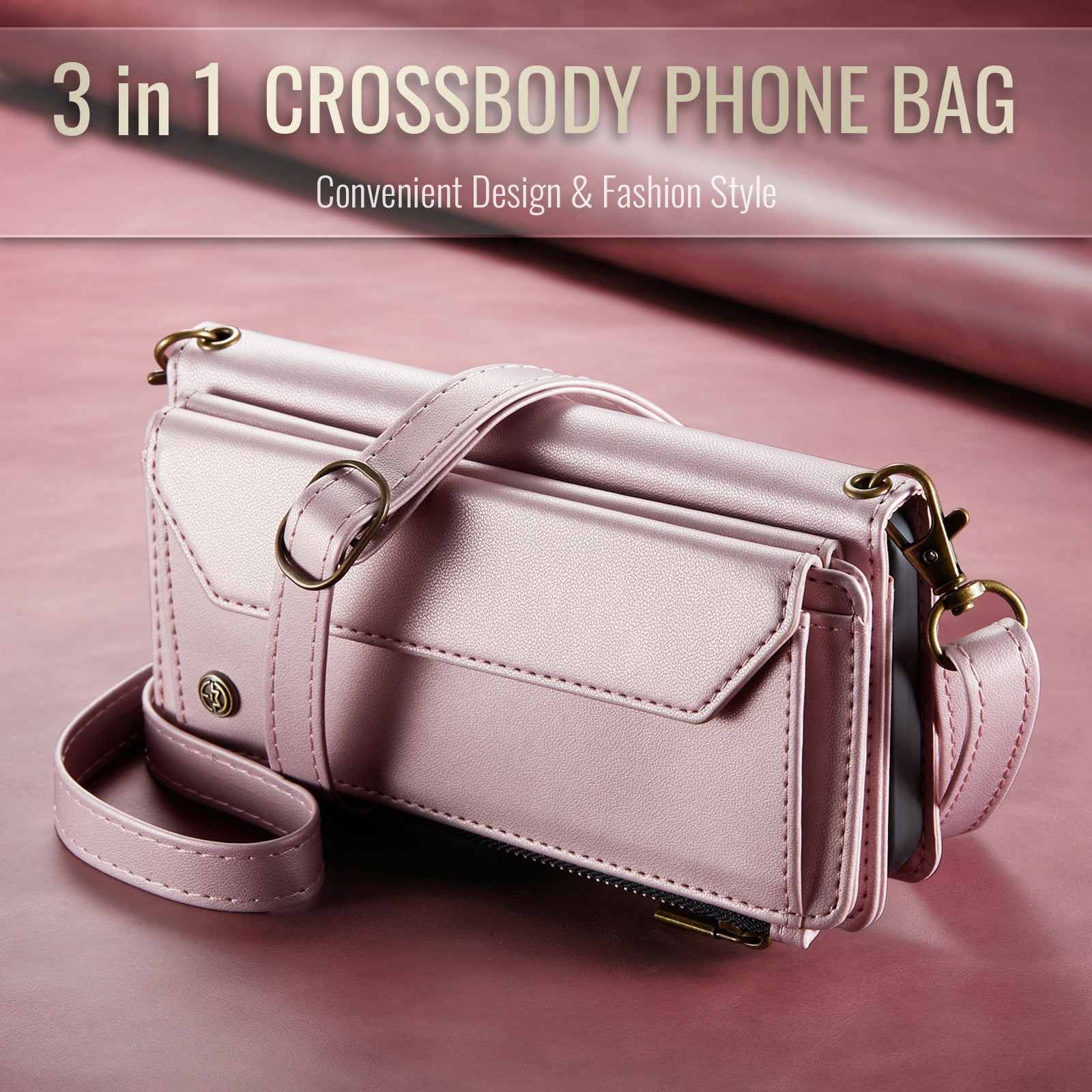 for Google Pixel 7a Full Body Protection Wallet Folio Flip Case, Shoulder Strap & Wristlet Card Slots Zipper Pocket RFID Blocking Rugged Durable PU Leather Phone Case Cover, Pink