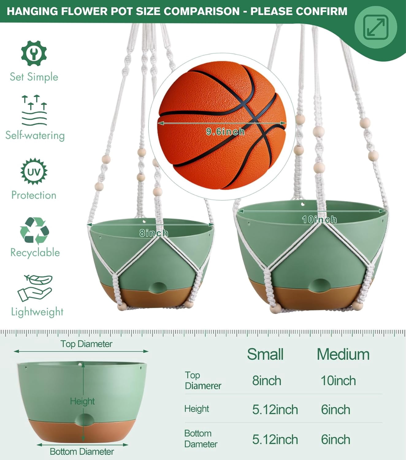 Diigabo 3-Pack 8-inch Self-Watering Hanging Planters with Macrame Hanger Indoor Plastic Plant Pots with Drainage Hole&Saucers Flower Baskets for Outdoor Garden Home Ceiling Decor(Green)