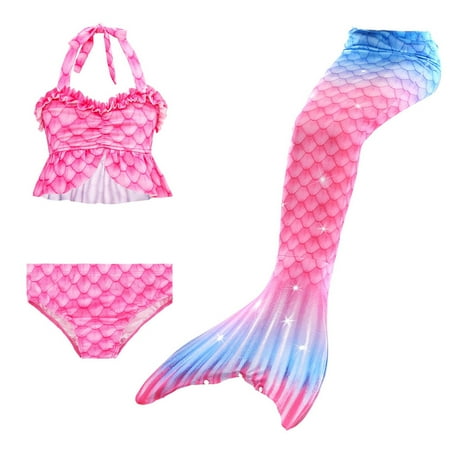 Girls Tail for Swimming Ages 12-14 Bathing Suit Ruffle Bikini Tops Shorts Tails 3 Piece Swimwear Outfits X06 Pink 12-13 Years