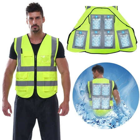 

Cooling Safety Vest with 6 Ice Packs - Reflective Cool Vest with Pockets and Zipper Ice Vest for Work Hot Weather
