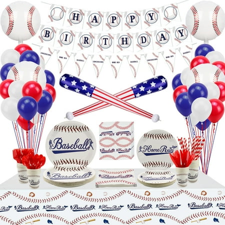 Baseball Party Supplies - Baseball Tableware Kit Including Plates, Cups, Napkins, Spoons, Tablecloth, Banner, Sports Party Pack for Kids, Baseball Fans Birthday Decor