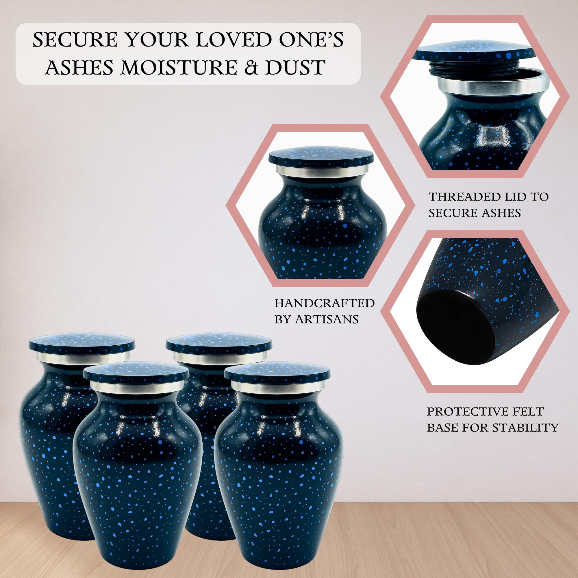 Nova Niche Urns Small Size Cremation Urn for Human Ashes, Mini Keepsake Set of 4 Black and Blue with Velvet Case