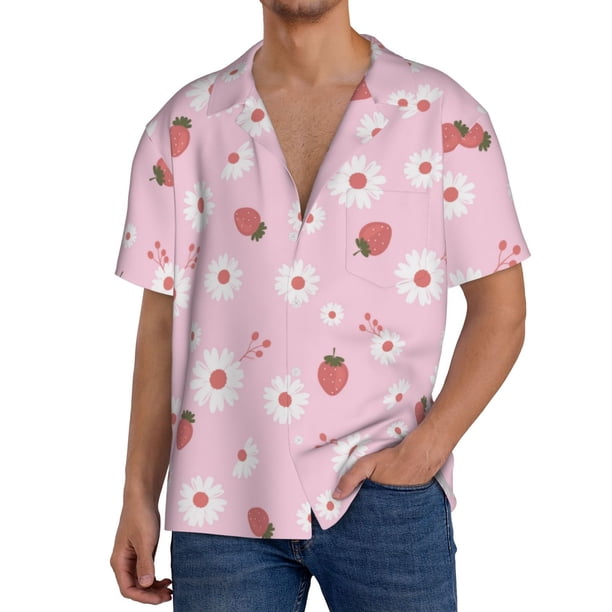 Balery Hand Drawn Strawberry Camisa Casual de Manga Corta con Botones para Hombre, Texturizada, Estilo Cubano, para Playa, Verano-Medium