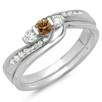 0.45 Carat (ctw) 18K White Gold Round Champagne & White Diamond Ladies Swirl Bridal 3 Stone Engagement Ring With Matchin
