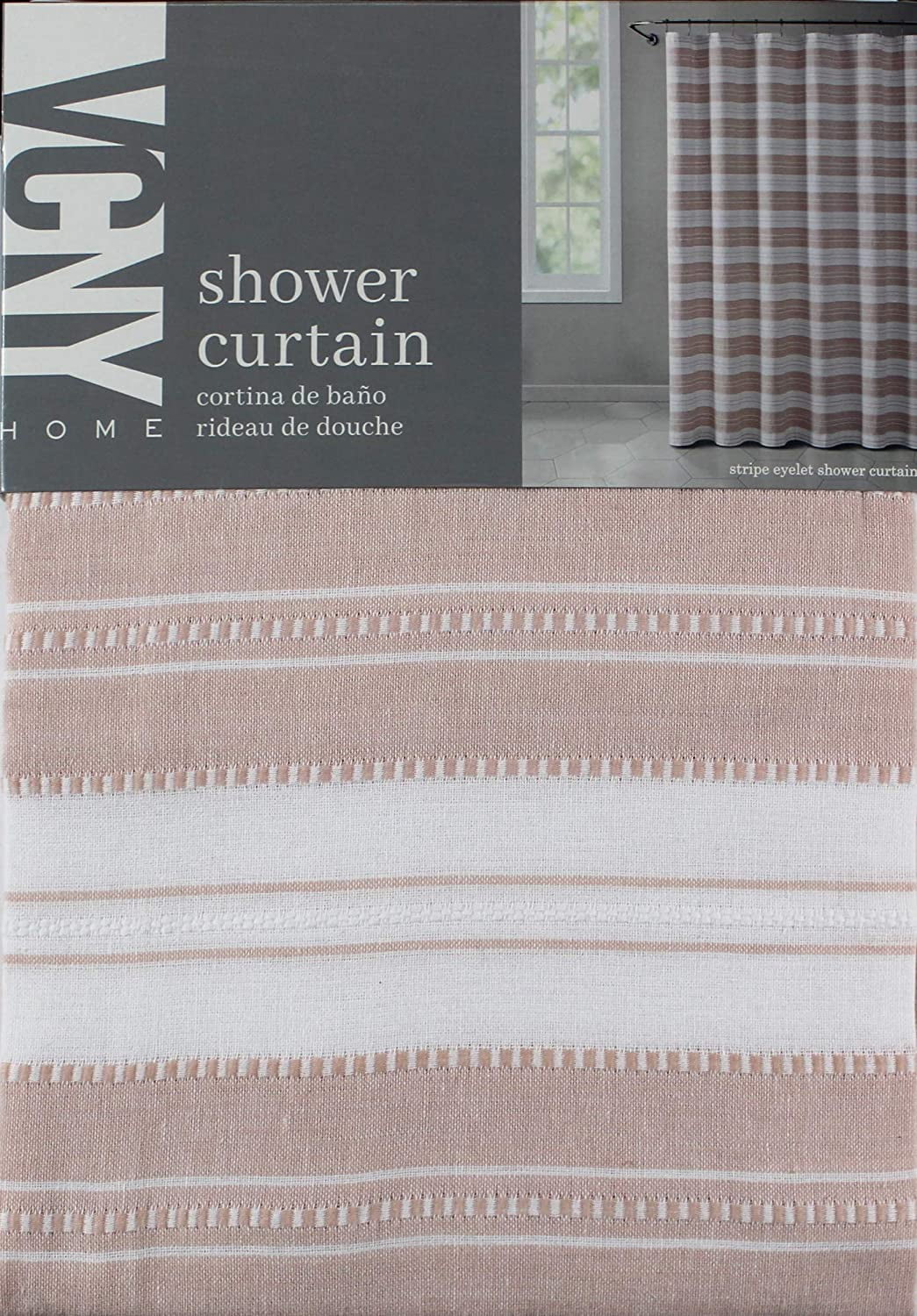 Serafina Home Light Pink White Fabric Shower Curtain: Cotton Rich Striped with Detailed Decorative Weave