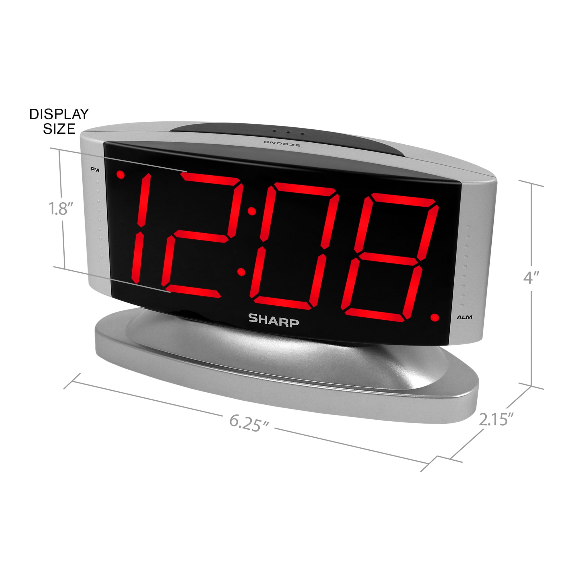 Sharp Digital Alarm Clock With Large Red LED Display Swivel Base & Silver Case 