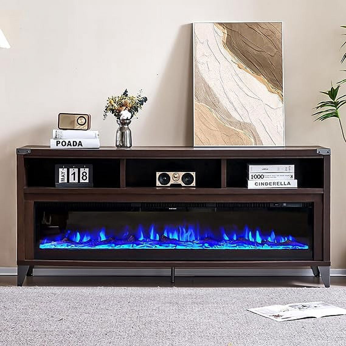 Merluxy 65" Fireplace TV Stand with 60" Glass Electric Fireplace for TVs up to 75", Espresso