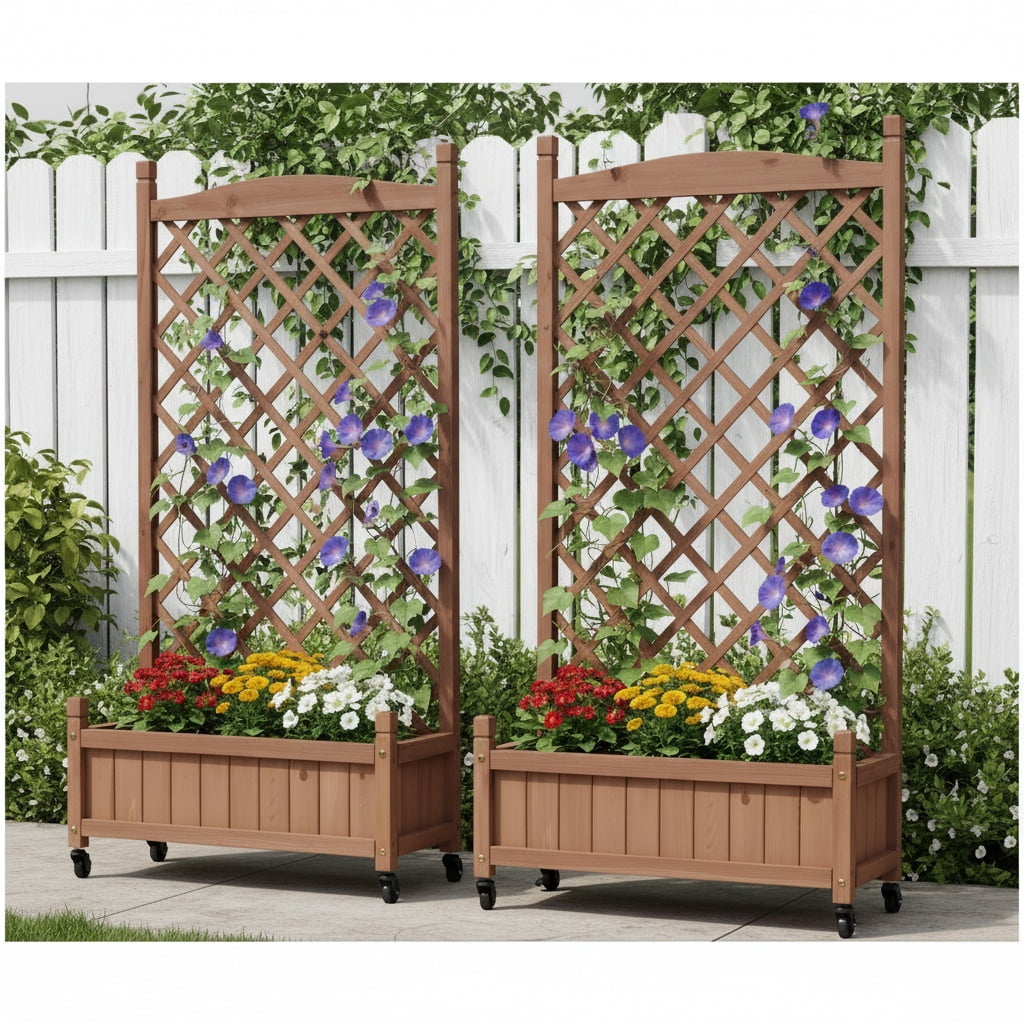 Raised Garden Bed with Trellis 2 Pack, Outdoor Wooden Planter Box & Plant Stand with Climbing Racks