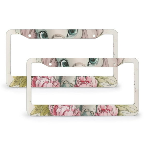 2 Pcs Set A Cute Baby Elephant with Big Eyes License Plate Frame Elephant Colorful Flowers Funny License Plates Quality Aluminum 2 Hole for Us Standard Vehicles